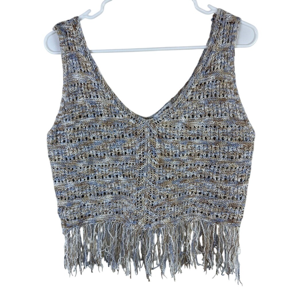 Love Knits Women Large Blue Tan Marled Fringe Boho Knit V-Neck Tank Top